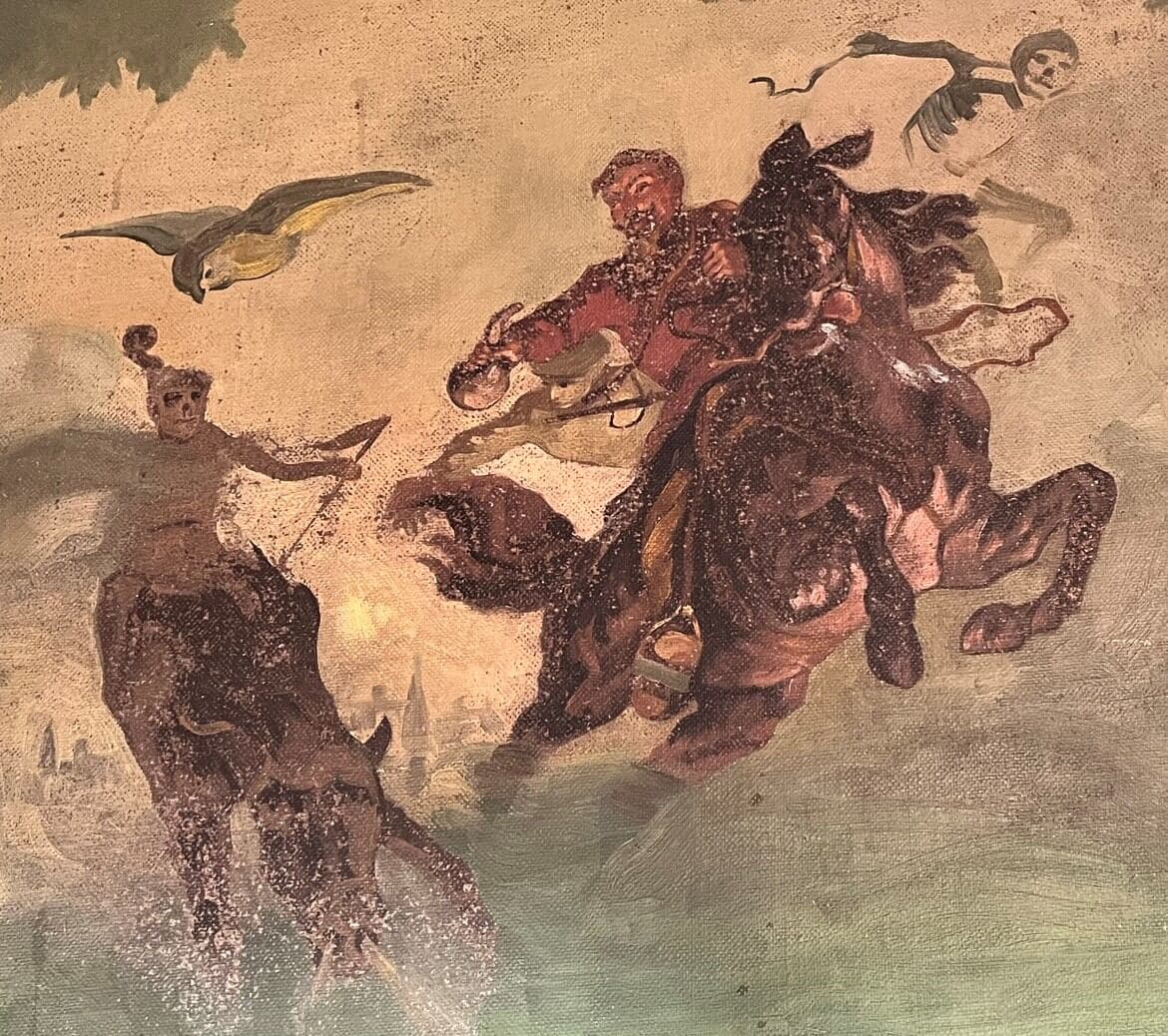 A historic carved frieze depicting scenes from Carl Maria von Weber's opera Der Freischütz.
